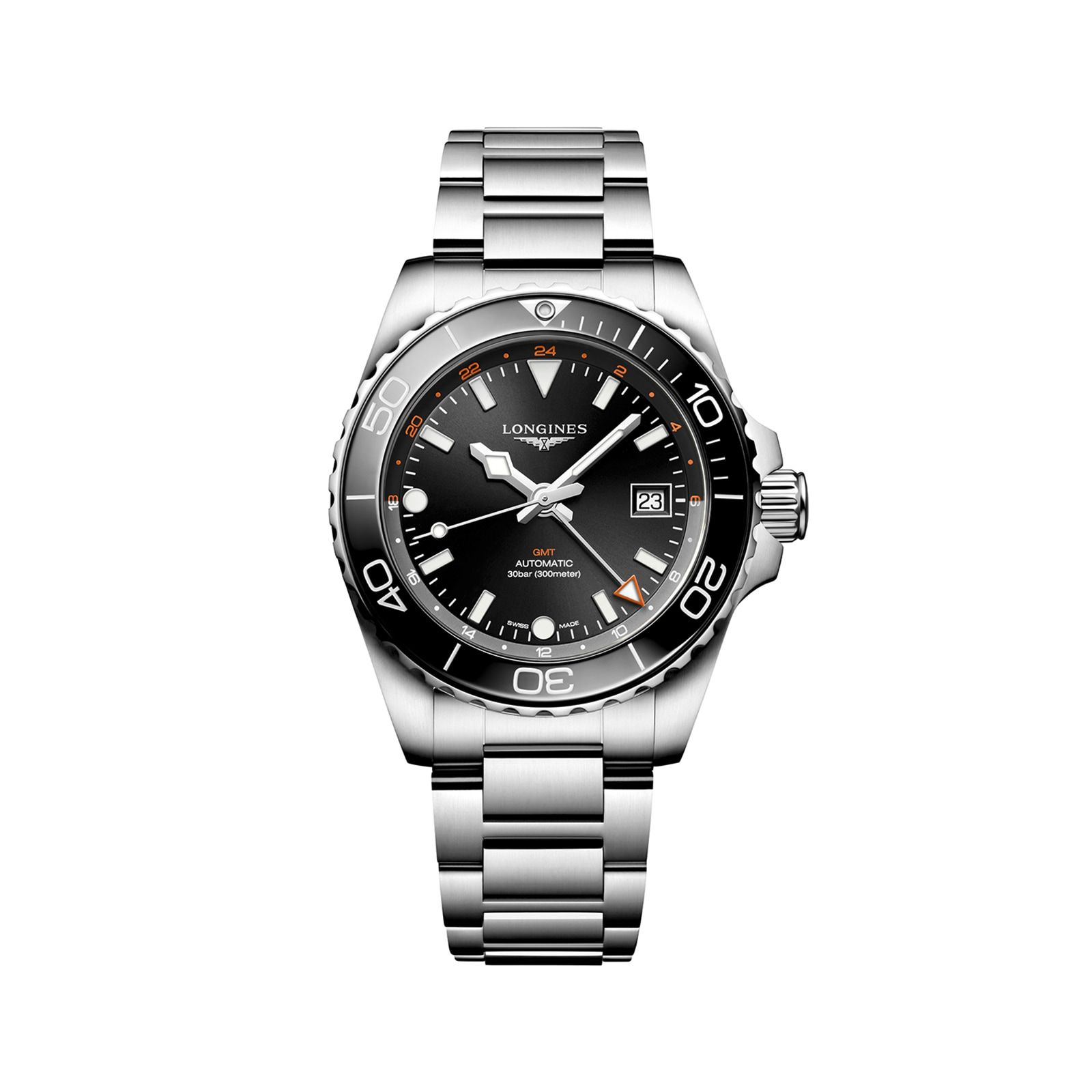 Longines Hydro Conquest GMT 41mm Mens Watch Black Stainless Steel