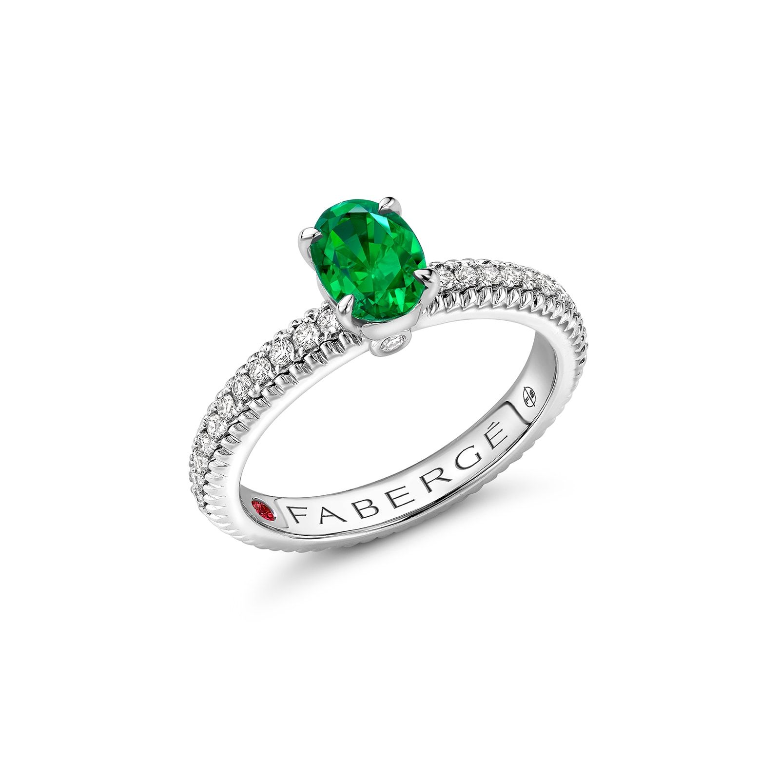Colours of Love White Gold Emerald Fluted Ring with Diamond Set Shoulders